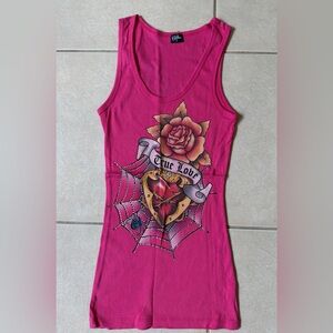 Styles Women’s L PINK HEART ROSE SPIDER TRUE LOVE TANK TOP SHIRT  Vtg